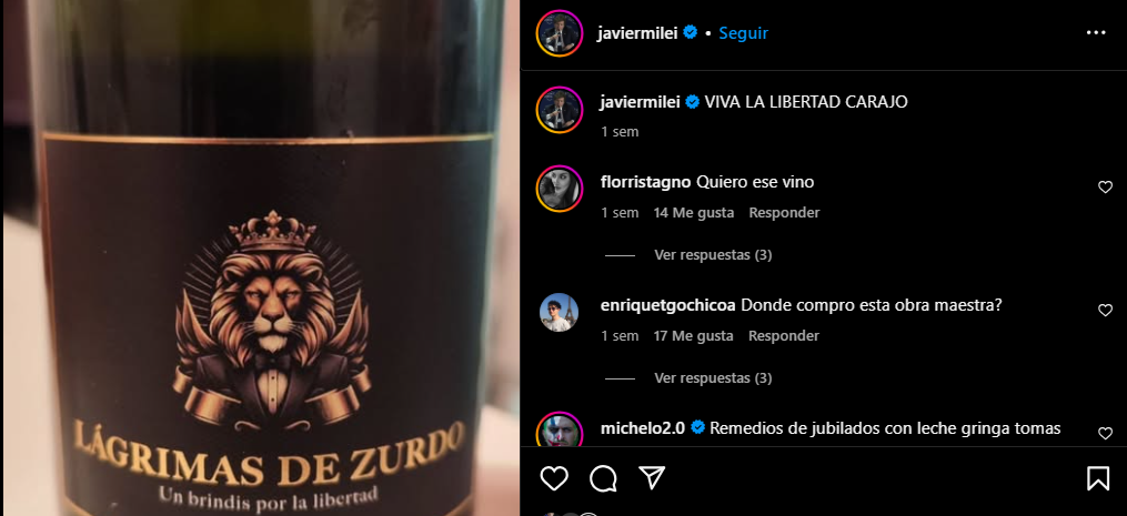 Milei publicó el espumante Lágrimas de Zurdo en su cuenta de Instagram.